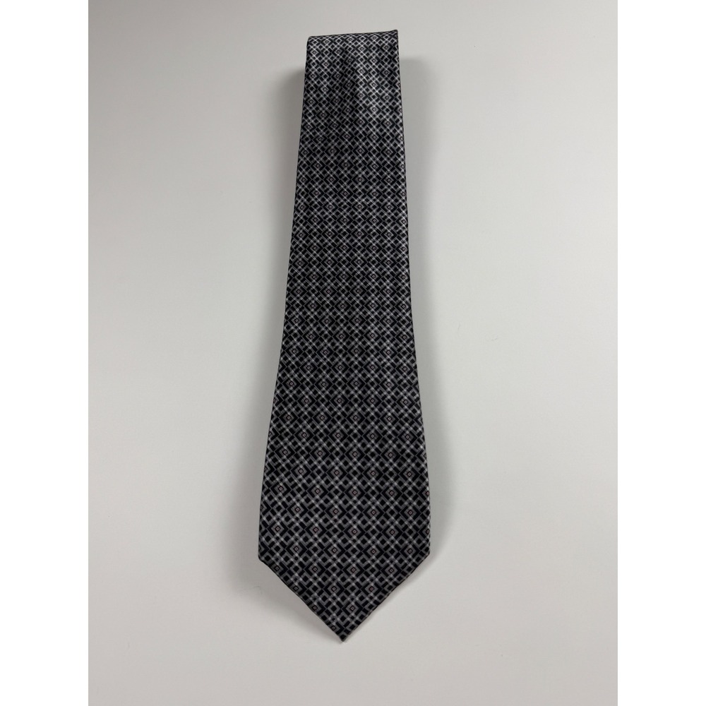 Via Europa Black Grey Diamond Geometric Mens 100% Silk Tie